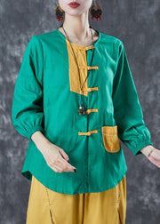 Green Patchwork Linen Oriental Shirt Pocket Summer