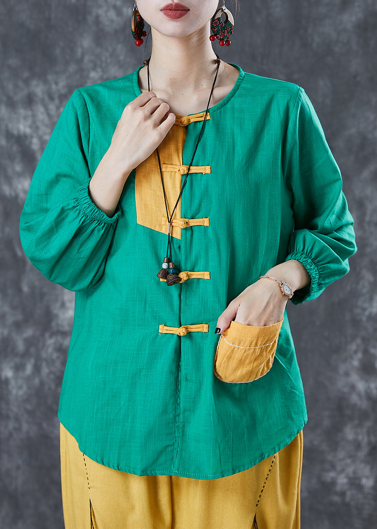 Green Patchwork Linen Oriental Shirt Pocket Summer