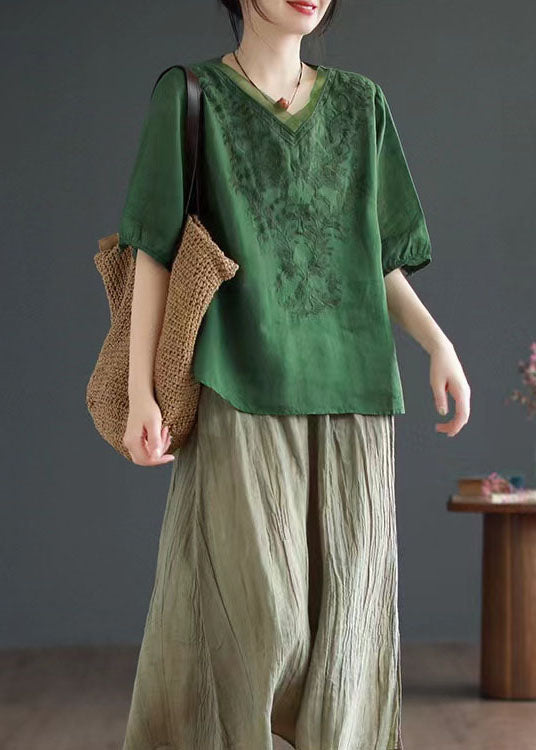 Green Patchwork Linen T Shirt Top V Neck Embroideried Summer