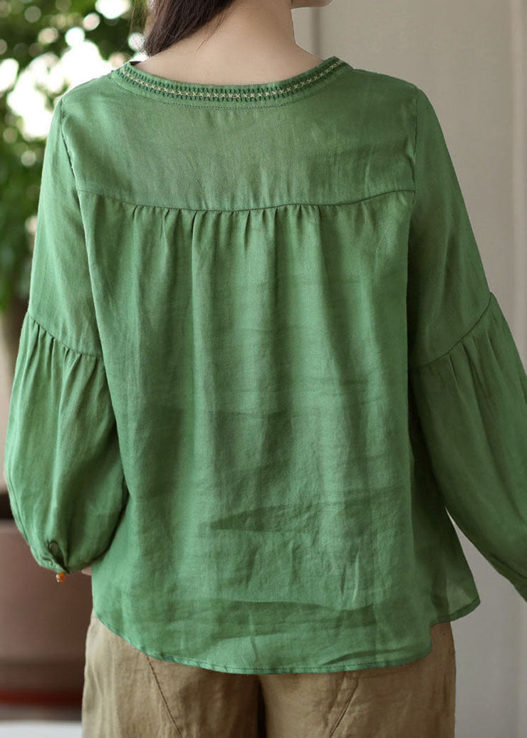 Green Patchwork Linen T Shirt Tops Embroideried Long Sleeve