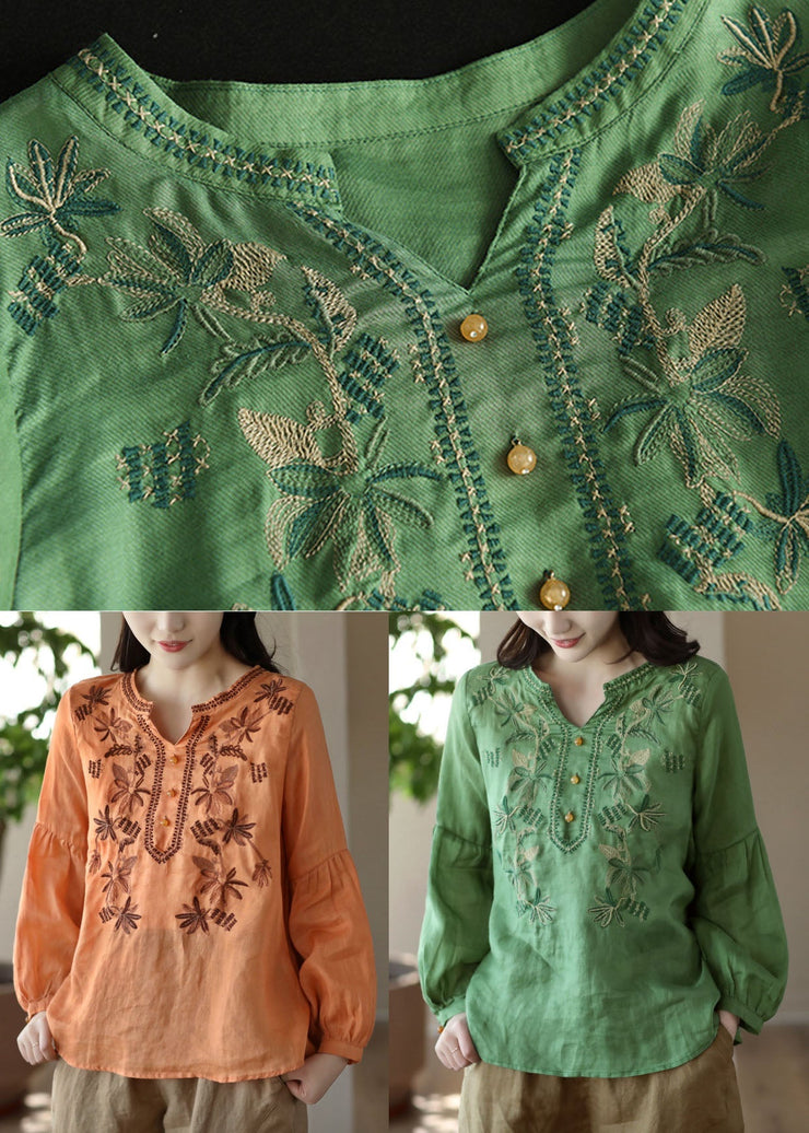 Green Patchwork Linen T Shirt Tops Embroideried Long Sleeve