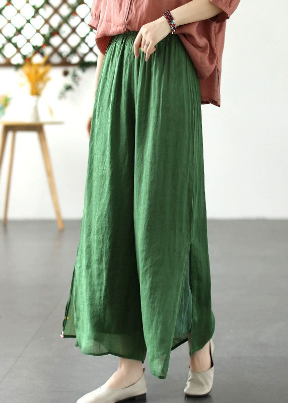 Green Patchwork Linen Wide Leg Pants Elastic Waist Side Open Summer