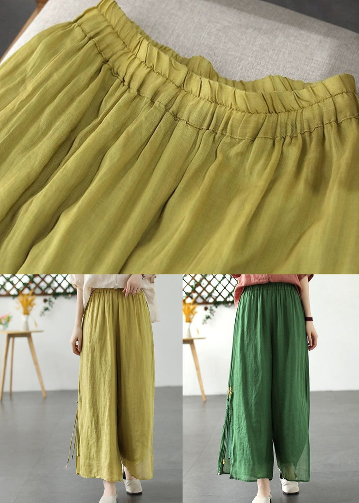 Green Patchwork Linen Wide Leg Pants Elastic Waist Side Open Summer