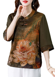 Green Patchwork Print Silk Shirt Oriental Button Summer