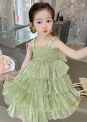 Green Patchwork Tulle Kids Girls Long Dresses Wrinkled Summer