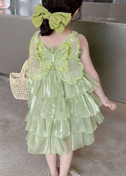 Green Patchwork Tulle Kids Girls Long Dresses Wrinkled Summer