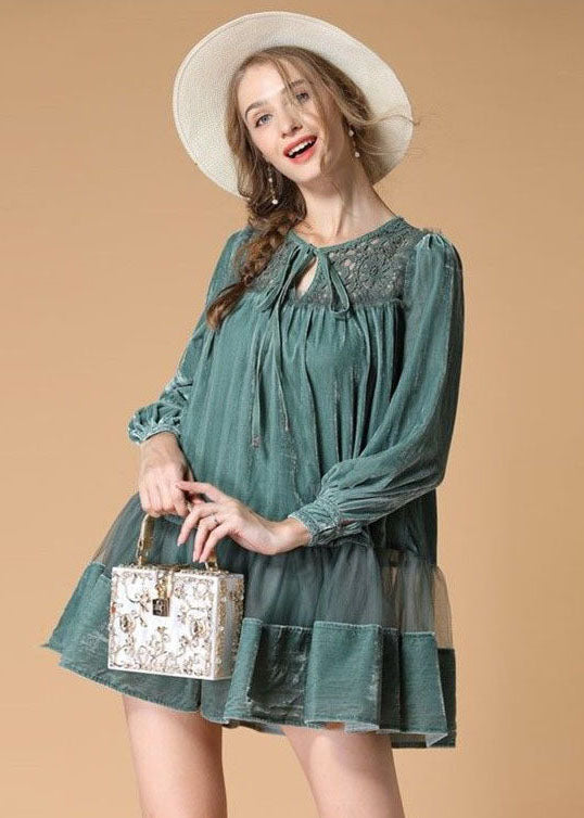 Green Patchwork Velour Day Dress Embroideried Hollow Out Spring