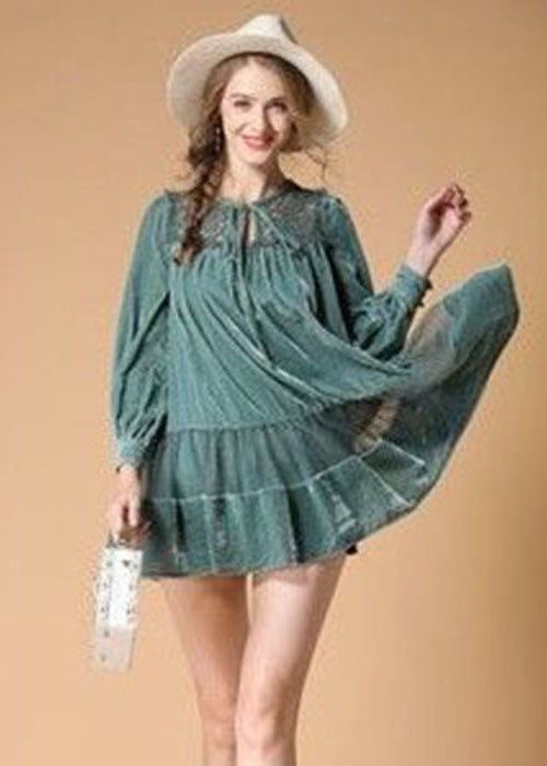 Green Patchwork Velour Day Dress Embroideried Hollow Out Spring