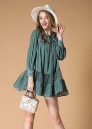 Green Patchwork Velour Day Dress Embroideried Hollow Out Spring