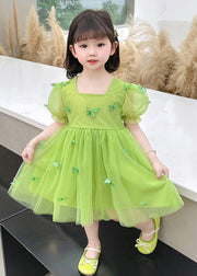 Green Patchwork Wrinkled Tulle Kids Maxi Dresses Short Sleeve