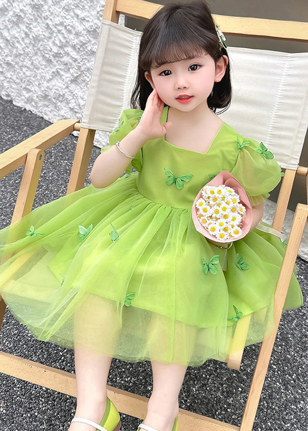 Green Patchwork Wrinkled Tulle Kids Maxi Dresses Short Sleeve