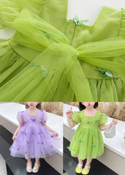 Green Patchwork Wrinkled Tulle Kids Maxi Dresses Short Sleeve