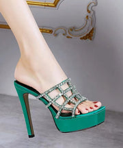 Green Peep Toe Stiletto Fashion Zircon Slide Sandals