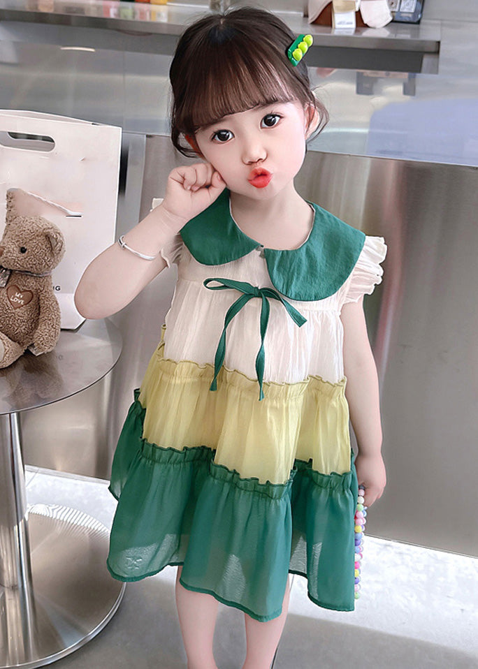 Green Peter Pan Collar Bow Cotton Girls Mid Dresses Summer