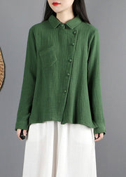 Green Peter Pan Collar Pockets Tops Long Sleeve