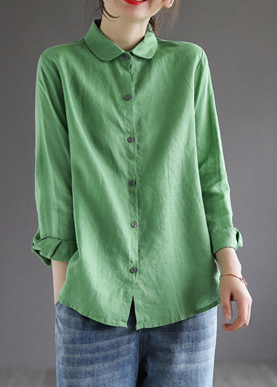 Green Peter Pan Collar Solid Shirt Long Sleeve