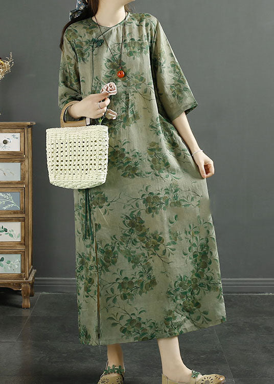 Green Pink Patchwork Linen Long Dress Tasseled Button Summer