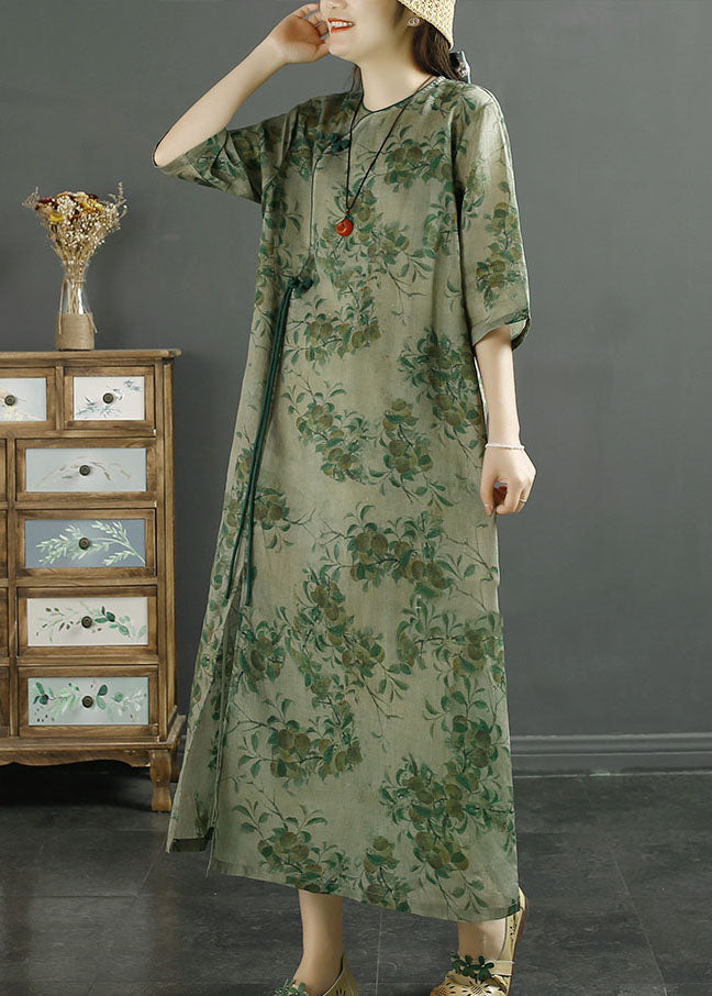 Green Pink Patchwork Linen Long Dress Tasseled Button Summer