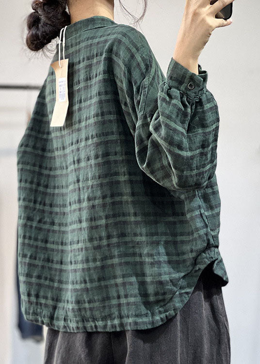 Green Plaid Linen Blouse Top Peter Pan Collar Fall