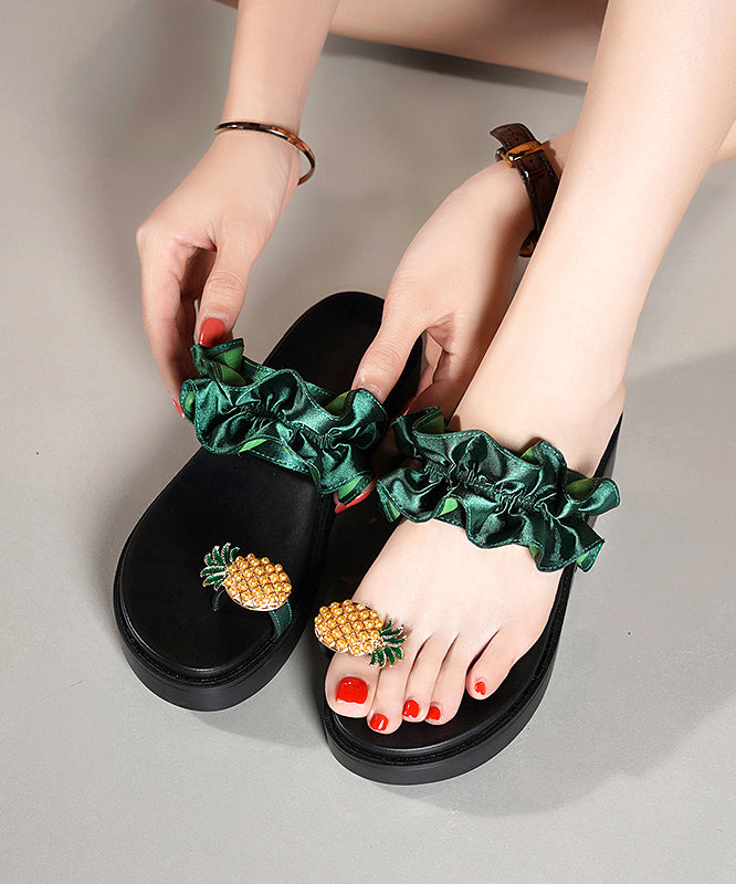 Green Platform Cotton Fabric Ruffled Zircon Splicing Flip Flops