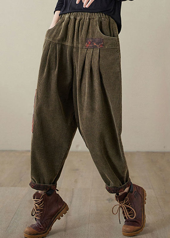 Green Pockets Elastic Waist Corduroy Fleece Pants