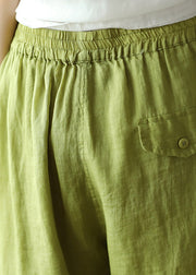 Green Pockets Loose Linen Crop Pants Elastic Waist Summer