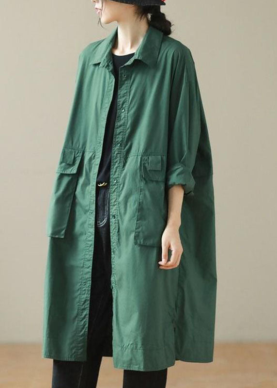 Green Pockets Patchwork Button Mid Trench Coat Fall