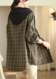 Green Pockets Plaid Loose Warm Fleece Jacket Hooded Winter