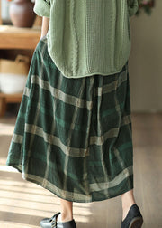 Green Pockets Plaid Print Linen Skirt Elastic Waist Spring