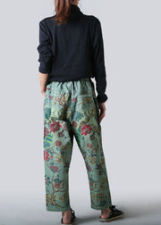 Green Pockets Print Pants Straight Denim Elastic Waist Spring