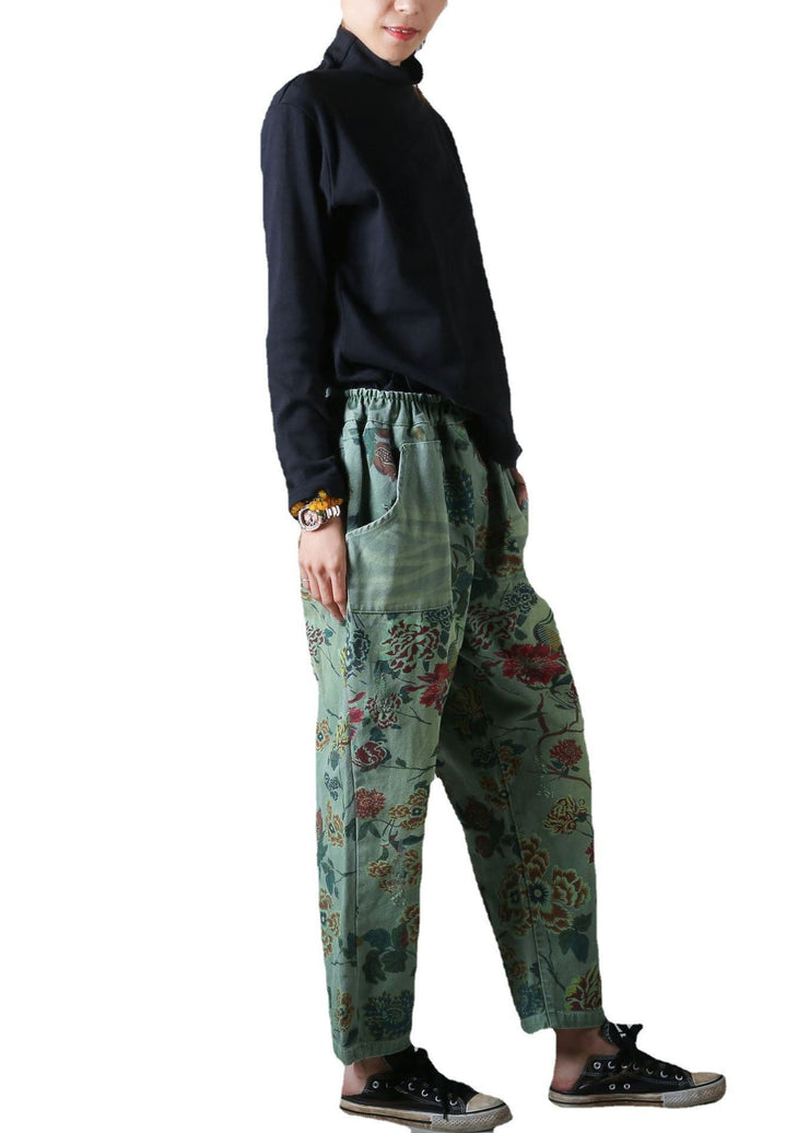 Green Pockets Print Pants Straight Denim Elastic Waist Spring