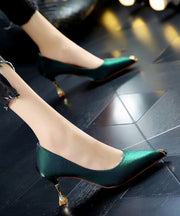 Green Pointed Toe Stiletto Faux Leather Unique Zircon Splicing