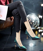 Green Pointed Toe Stiletto Faux Leather Unique Zircon Splicing