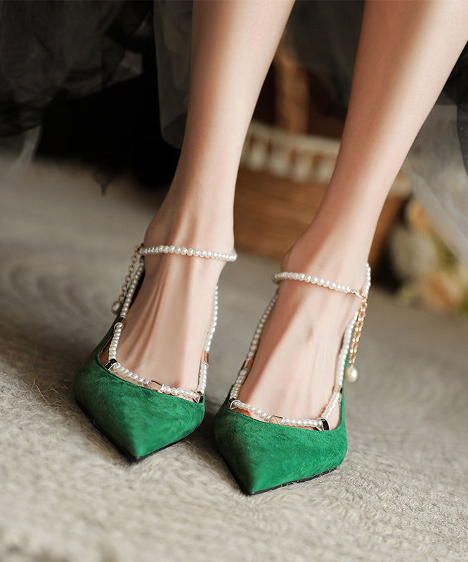 Green Pointed Toe Stylish Beading Splicing Stiletto High Heels