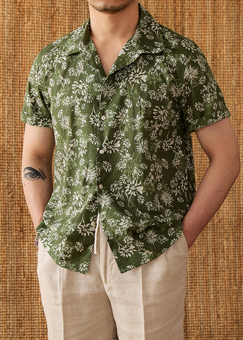 Green Print Button Cotton Men Shirt Peter Pan Collar Short Sleeve