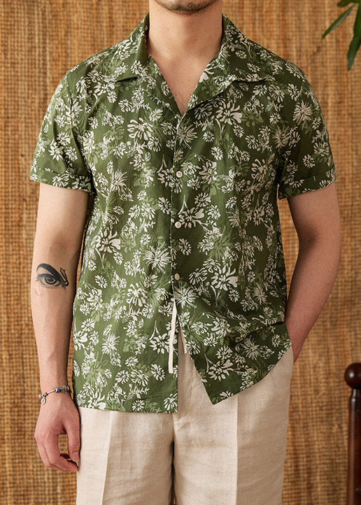 Green Print Button Cotton Men Shirt Peter Pan Collar Short Sleeve