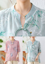 Green Print Chiffon Blouses Stand Collar Half Sleeve