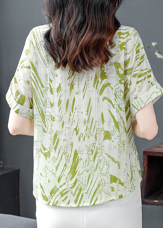 Green Print Chiffon Shirts Peter Pan Collar Short Sleeve