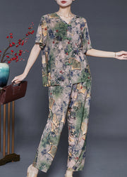 Green Print Chiffon Two Pieces Set Chinese Button Summer