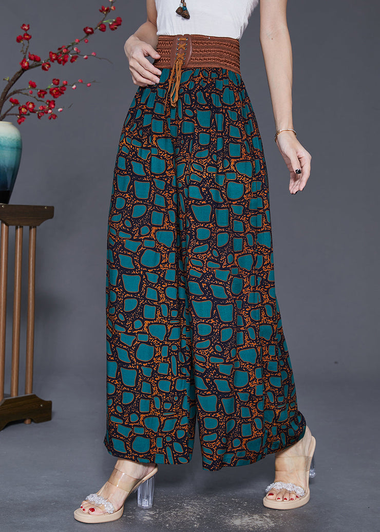 Green Print Chiffon Wide Leg Pants Draping Fall