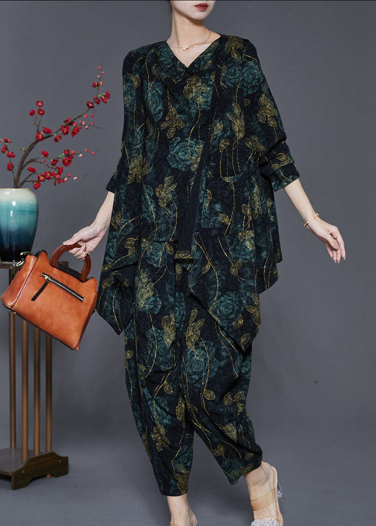 Green Print Cotton Two Piece Set Asymmetrical Design Spring