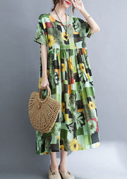 Green Print Cotton Vacation Dress Oversized Exra Large Hem Summer