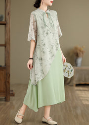 Green Print False Two Pieces Cotton Dresses Stand Collar Summer