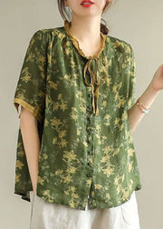 Green Print Linen Blouse Top Wrinkled Summer