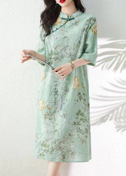 Green Print Linen Dresses Stand Collar Summer