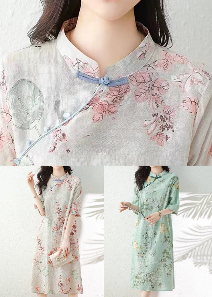 Green Print Linen Dresses Stand Collar Summer