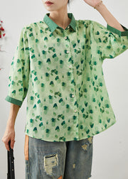 Green Print Linen Shirt Tops Peter Pan Collar Bracelet Sleeve