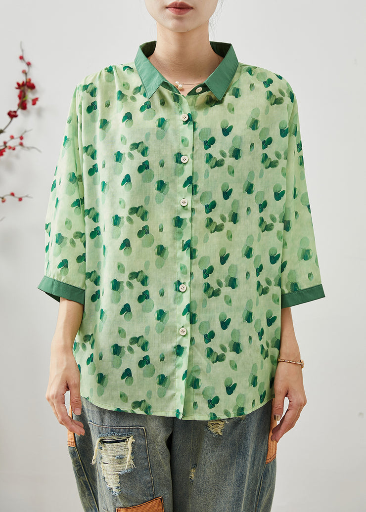 Green Print Linen Shirt Tops Peter Pan Collar Bracelet Sleeve