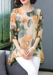 Green Print Patchwork Chiffon T Shirt Tops O Neck Summer