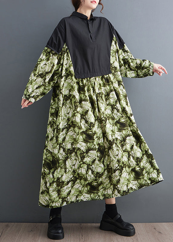 Green Print Patchwork Cotton Long Dresses Oversized Fall